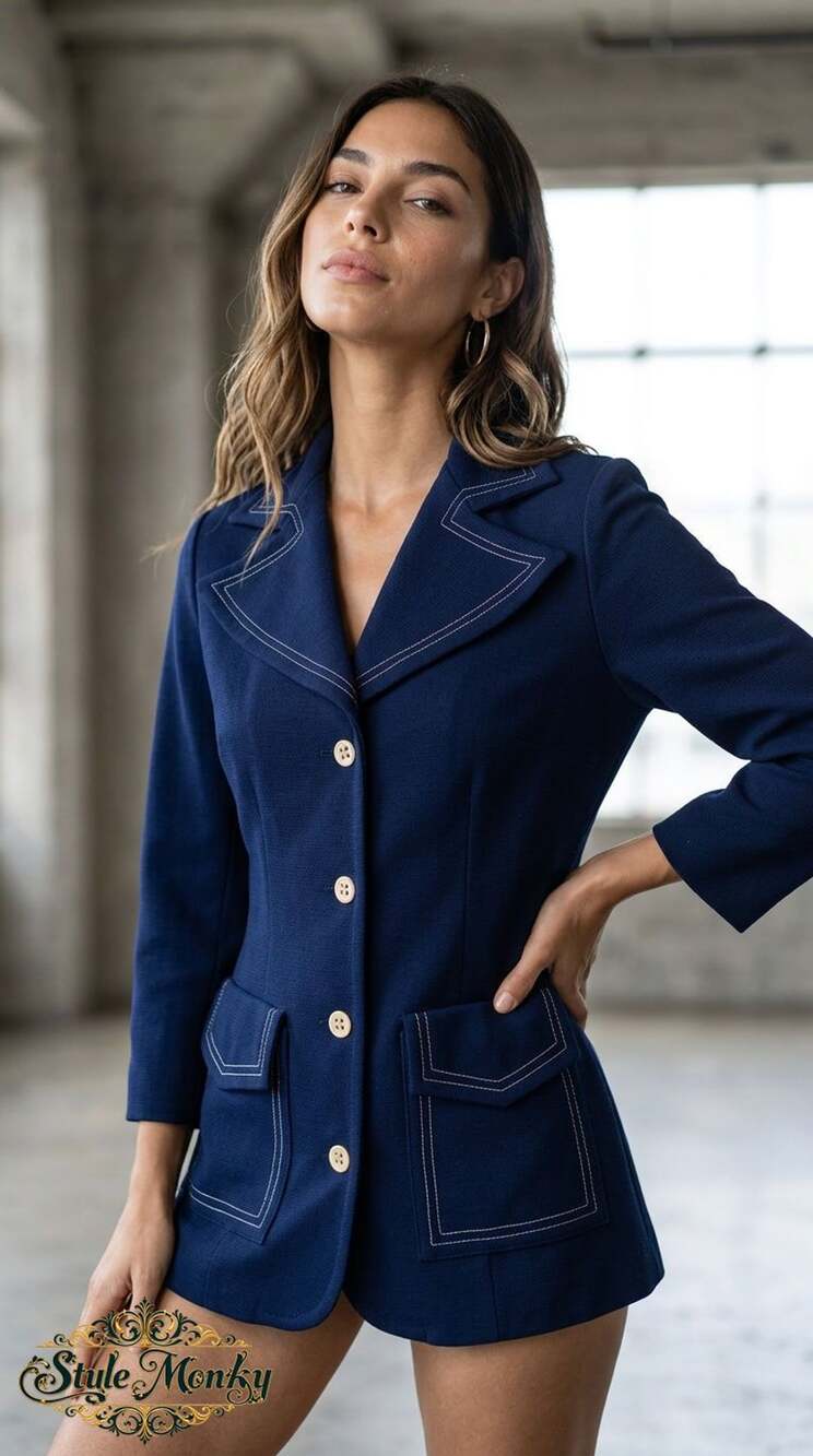 Vintage 1970s First Edition Dallas Blue Contrast Stitch Blazer Jacket Size 10